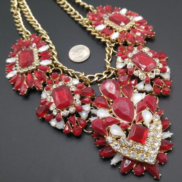 Red White Rhinestones Gold Chain Floral Frontal Statement Necklace, 18 Inches - Picture 7 of 9